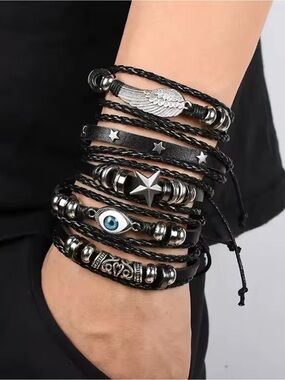 Black Leather Multi-Strand Woman’s Bracelet with Silver Charms.(5 bracelets)